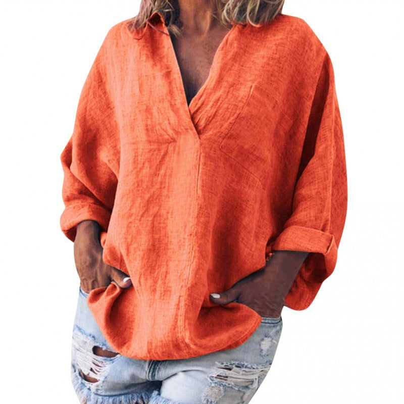 Damen weite Leinen-Tunika mit V-Ausschnitt und rollbaren Ärmeln Shop Nory