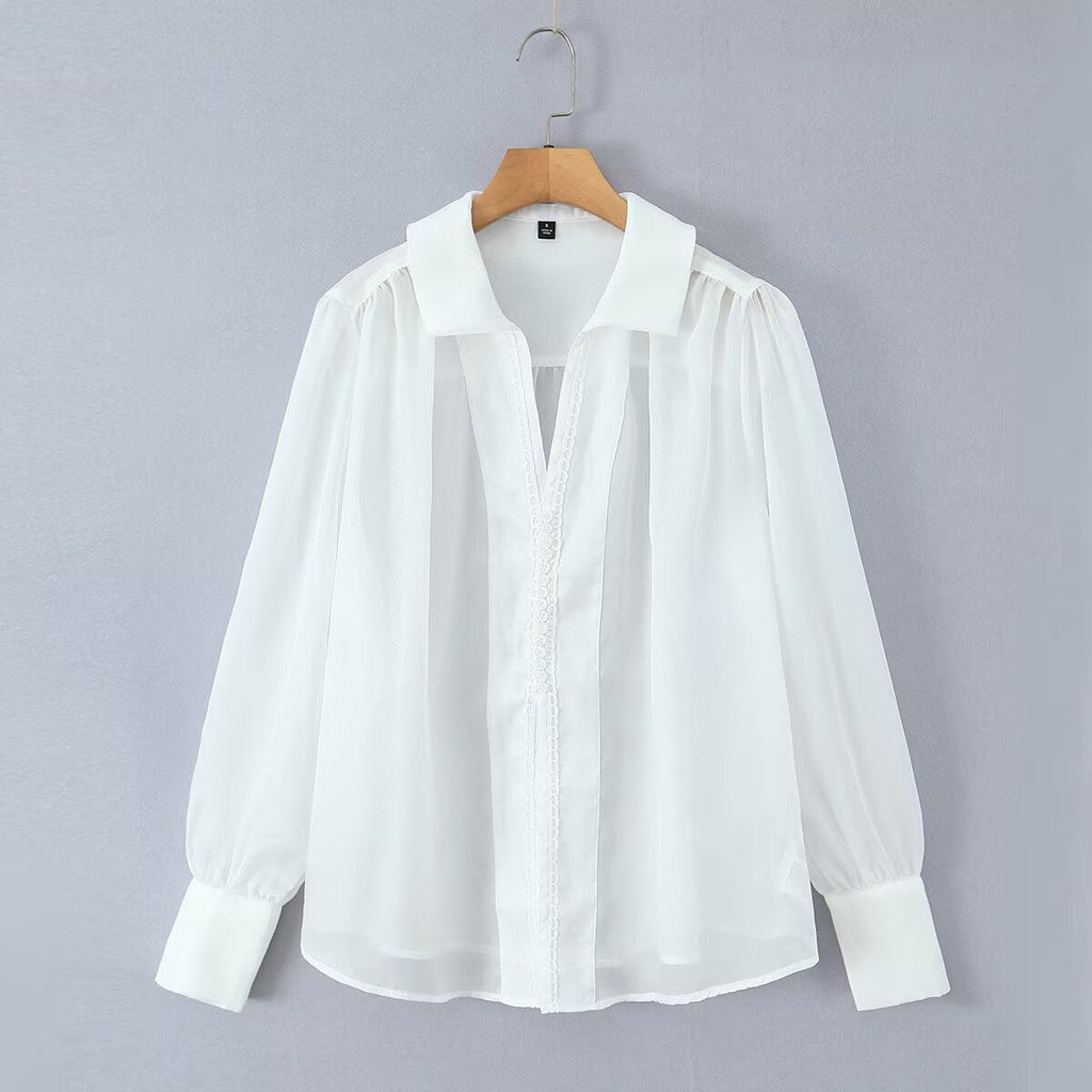 Damen elegante Chiffonbluse mit raffinierten Puffärmeln und edlem Kragen