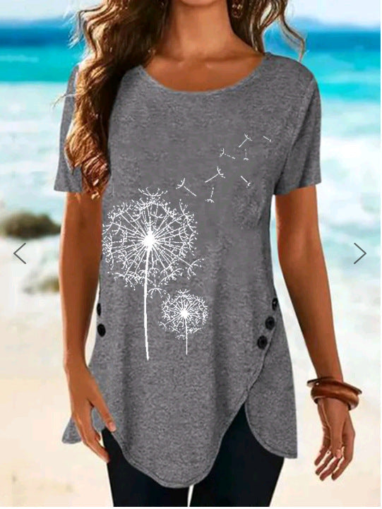 Damen Kurzarmshirt mit asymmetrischem Saum und Dandelion-Print