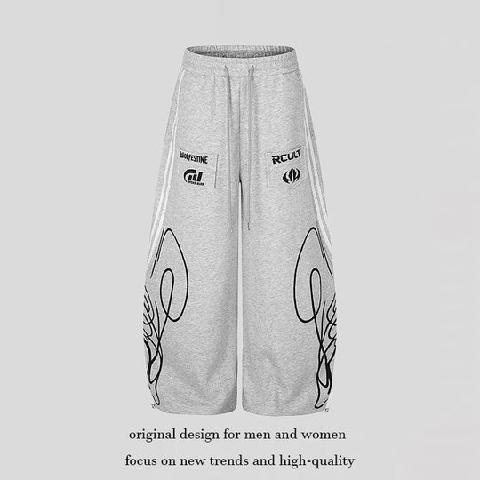 Damen Weite Midilounge‑Sweathose im Palazzo‑Cut mit Tunnelzug, Zip‑Saum und Statement‑Print Shop Nory