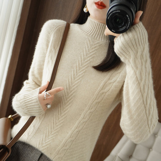 Damen Leichter Mohair‑Look Stehkragenpullover mit Zopf‑Ajour und taillierter Silhouette Shop Nory
