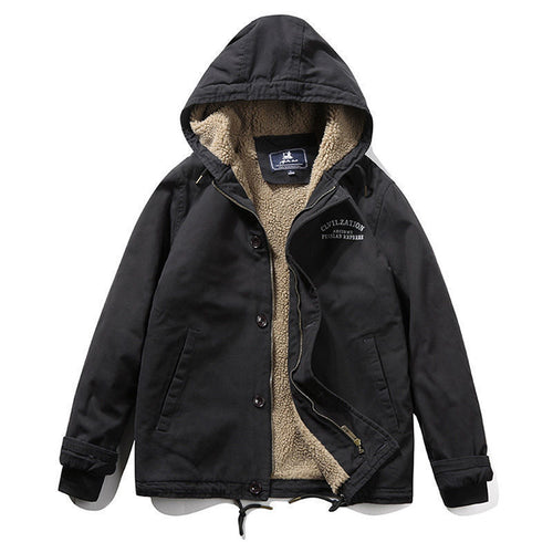 Herren Canvas-Kapuzenjacke mit Sherpa‑Fütterung, verdecktem Zweiwege‑Reißverschluss und Utility‑Details Shop Nory