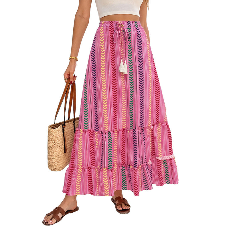 Damen Langer Stufen-Maxi-Rock mit Ethno-Streifen und Kordelbund Shop Nory