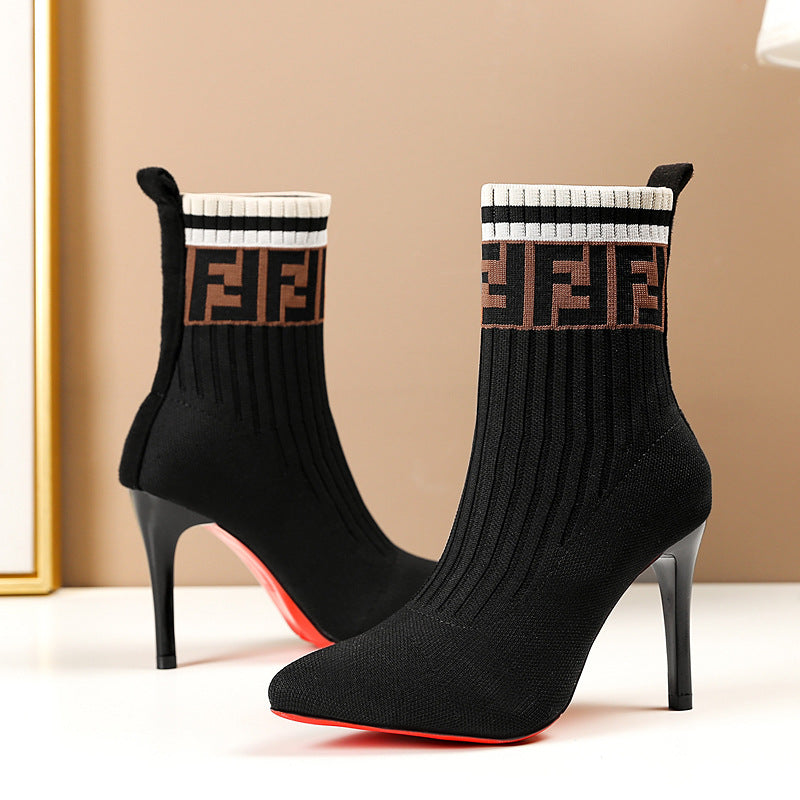 Damen nan elegante Strick-Socken-Stiefelette mit schmalem Stilettoabsatz und elastischem Schaft Shop Nory