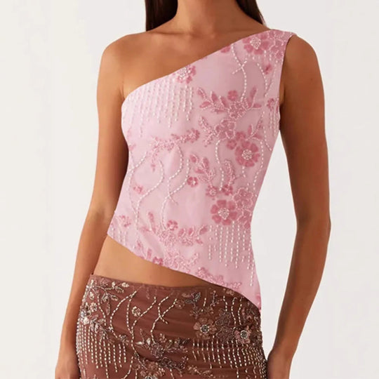 Damen asymmetrisches Oberteil mit floralem Strassdesign