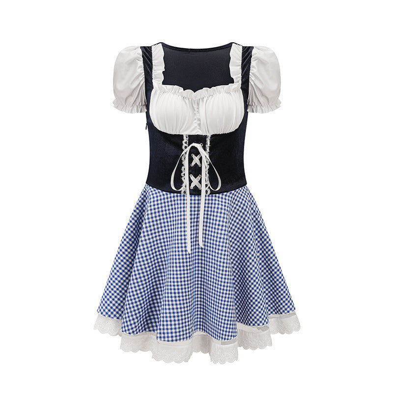 Damen nan bayerisch inspiriertes Mini-Dirndl mit geschnürtem Mieder, Puffärmeln und Vichykaro-Rock Shop Nory