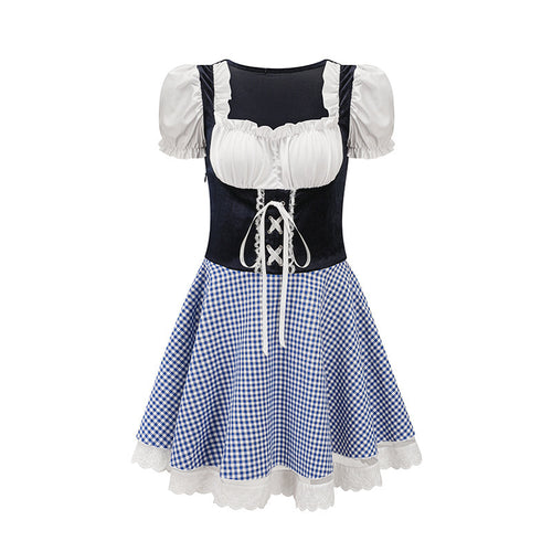 Damen nan bayerisch inspiriertes Mini-Dirndl mit geschnürtem Mieder, Puffärmeln und Vichykaro-Rock Shop Nory