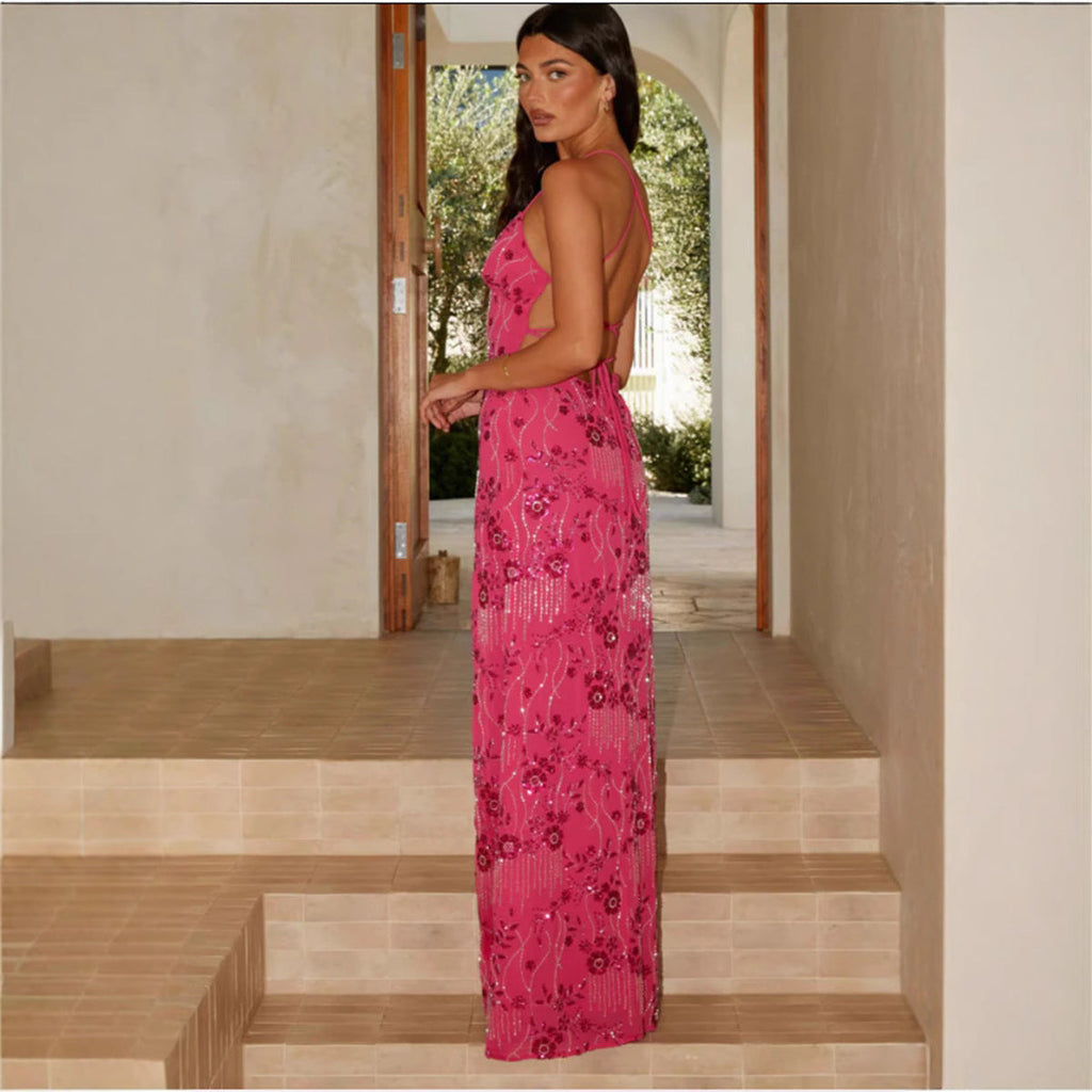 Damen Elegantes Maxikleid mit verführerischem V-Ausschnitt und funkelnden Applikationen Shopnory