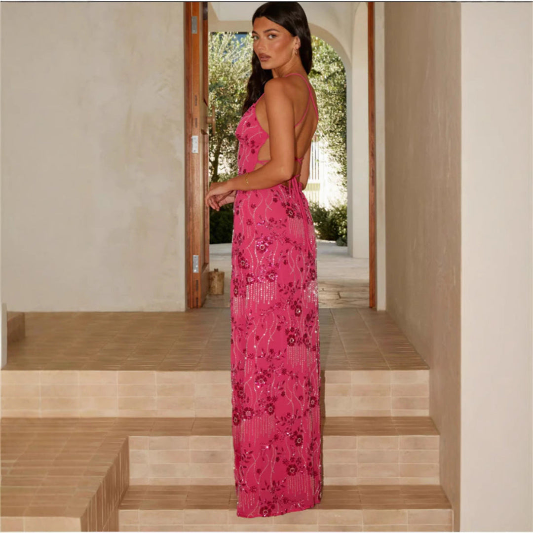 Damen Elegantes Maxikleid mit verführerischem V-Ausschnitt und funkelnden Applikationen Shopnory