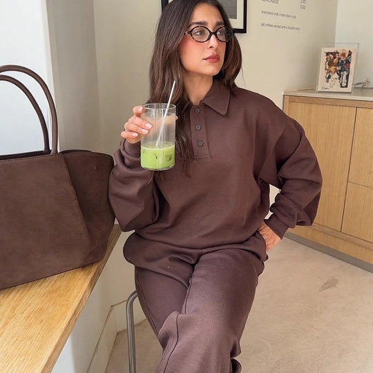 Damen Lässiges Polo-Sweatset aus Bio-Baumwollfleece mit Oversize-Pulli und High-Waist Jogger Shop Nory