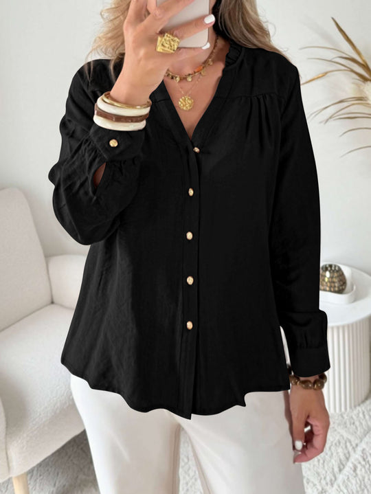 Damen Bluse mit V‑Ausschnitt, geraffter Schulterpasse und Ballonärmeln Shop Nory