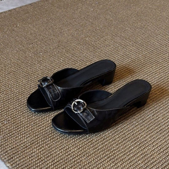 Damen Slip-On Mules mit niedrigem Blockabsatz und Zier-Ringschnalle Shop Nory