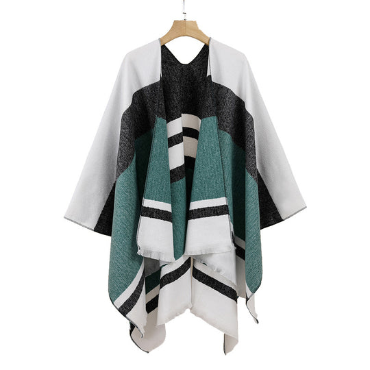 Damen Leichter Capeponcho aus Feinstrick mit geometrischem Blockstreifen-Design Shop Nory