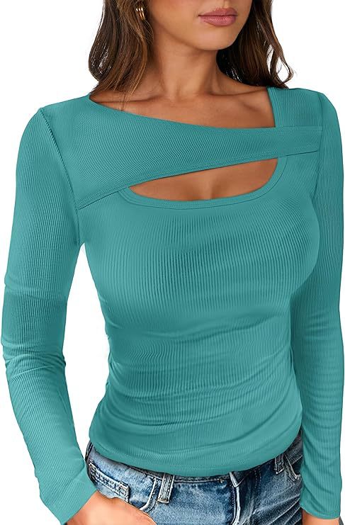 Damen Geripptes Langarmshirt mit asymmetrischem Carmenausschnitt und Brust-Cut-Out Shop Nory
