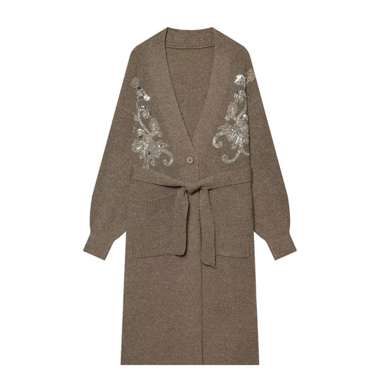 Damen Langer Feinstrick-Cardigan mit Zierstickerei, Taillengürtel und aufgesetzten Taschen Shop Nory