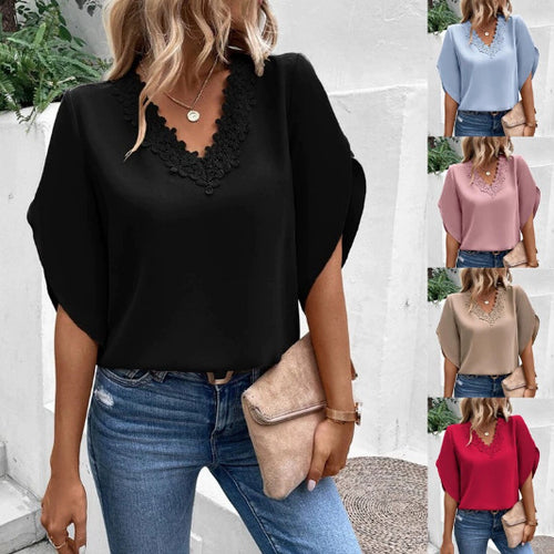 Damen Elegante V-Ausschnitt Bluse mit floraler Spitzenkante und Fledermausärmeln Shop Nory