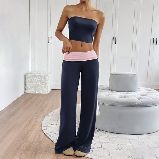 Damen Weite Jersey-Loungehose mit Umschlagbund und weitem Bein Shop Nory