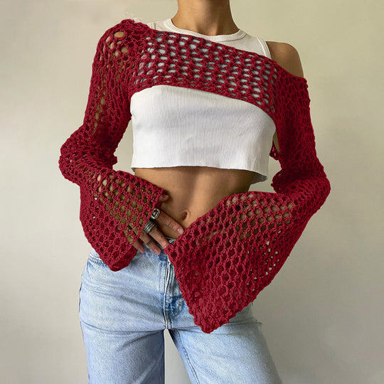 Damen gehäkelter kurzer Bolero mit asymmetrischem Schulterauschnitt und ausgestellten Ärmeln Shop Nory