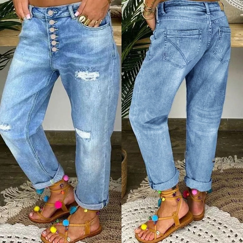 Damen Boyfriend Jeans mit Knopfverschluss und Distressed-Details