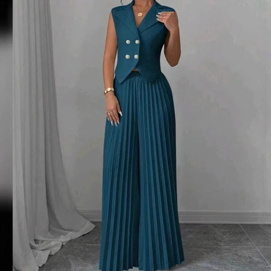Damen Ärmelloses Weste-Blazer-Top mit Revers und plissierter Palazzo-Hose Zweiteiliges Abendset Shop Nory