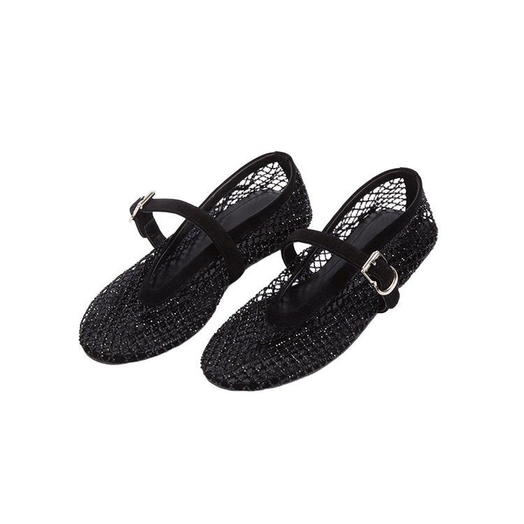 Damen elegante Ballerina-Schuhe mit dekorativem Riemchen und funkelnden Akzenten