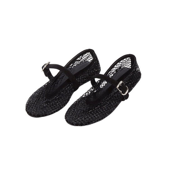 Damen elegante Ballerina-Schuhe mit dekorativem Riemchen und funkelnden Akzenten