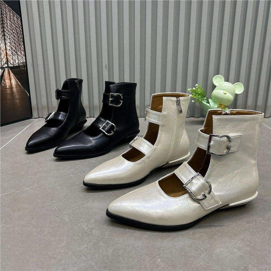 Damen Spitz zulaufende Ankle-Boots mit Doppelriemen, Schnallen und niedrigem Blockabsatz Shop Nory