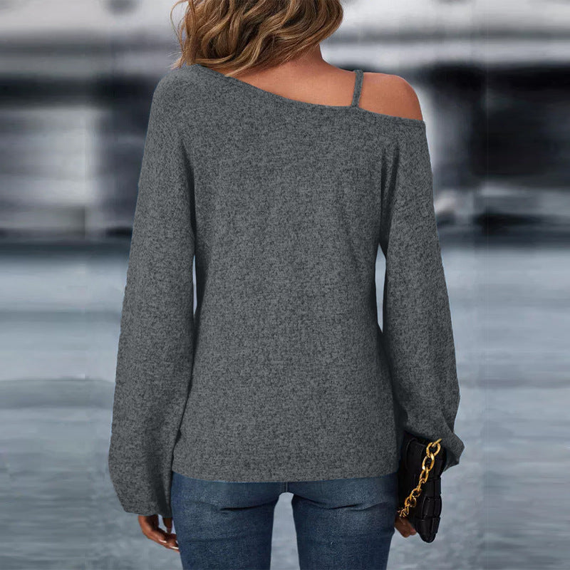 Damen asymmetrischer schulterfreier Strickpullover mit Zierkettenträger und vorn gedrehtem Knoten Shop Nory