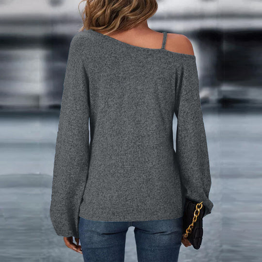 Damen asymmetrischer schulterfreier Strickpullover mit Zierkettenträger und vorn gedrehtem Knoten Shop Nory
