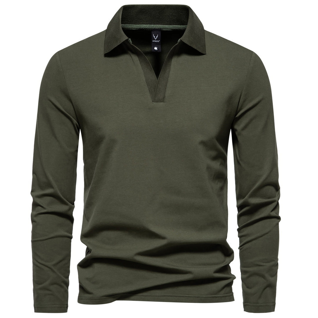 Herren Langarm-Polo mit offenem V-Ausschnitt, feinem Rippenkragen und schmaler Silhouette Shop Nory