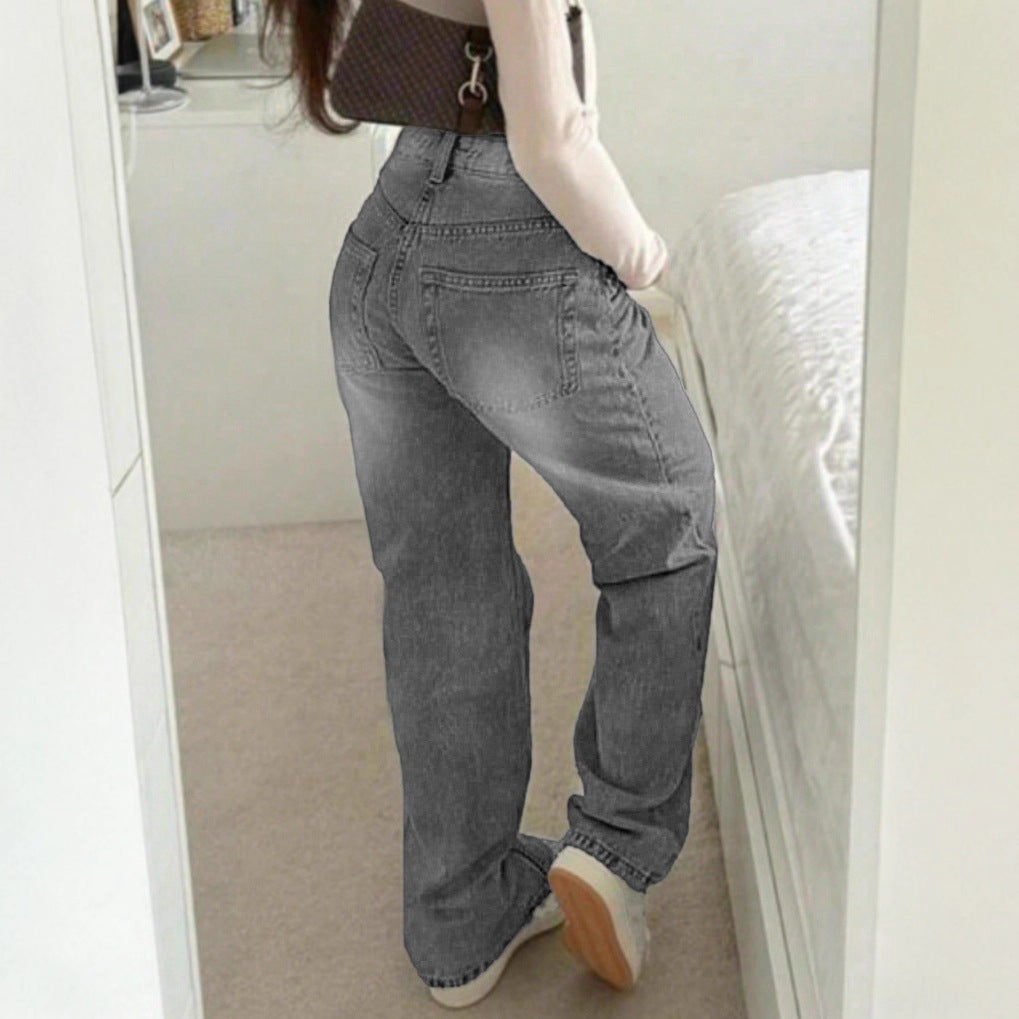 Damen Hochtaillierte weite Destroyed-Jeans mit geradem Bein Shop Nory