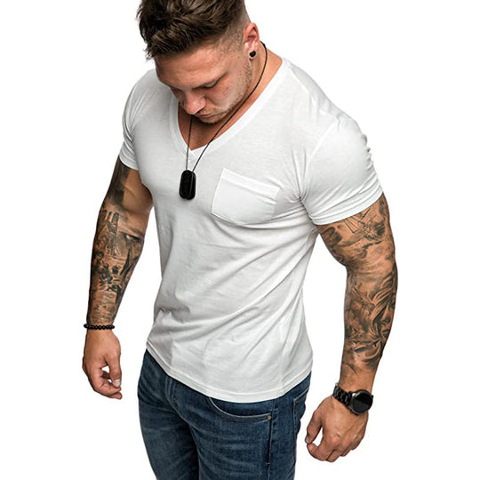 Herren V-Ausschnitt T-Shirt aus weicher Baumwolle mit Brusttasche
