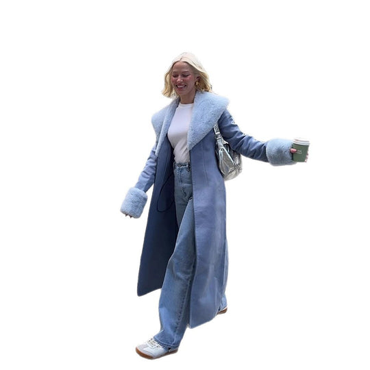 Damen Eleganter lang geschnittener Mantel aus Velours‑Optik mit voluminösem Kunstfell‑Schalkragen Shop Nory