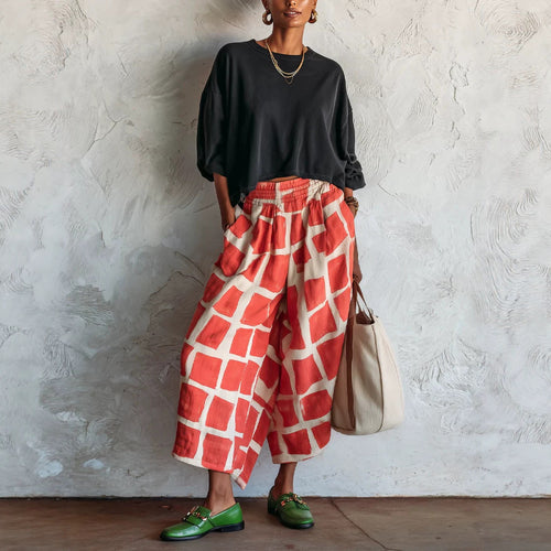 Damen Weite Culotte-Hose aus Leinenmix mit elastischem Bund und grafischem Print Shop Nory