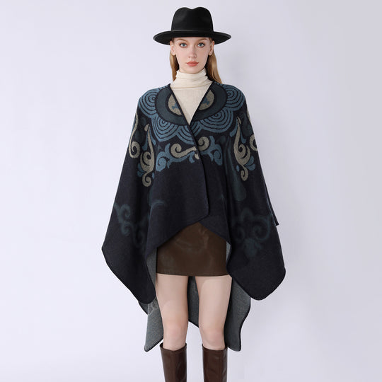Damen Wollmix-Cape mit ornamentalem Jacquard, asymmetrischem Zipfel und weichfallendem Oversize-Fall Shop Nory