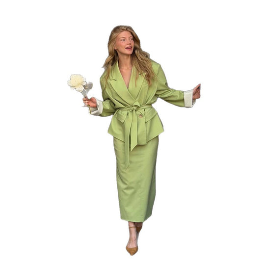 Damen Tailliertes Wickel-Blazer-Set mit Bindegürtel und Midirock Shop Nory