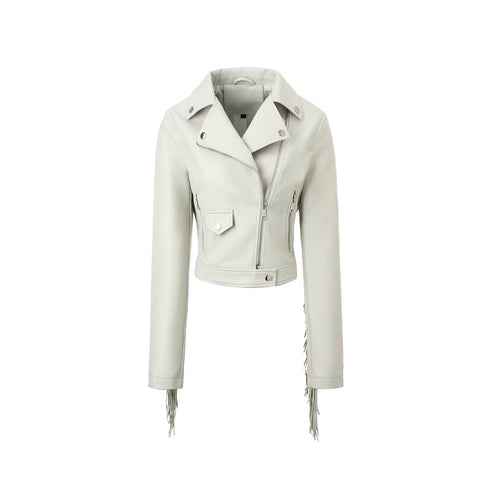 Damen Kurze Biker‑Lederjacke mit Fransenärmeln und asymmetrischem Reißverschluss Shop Nory