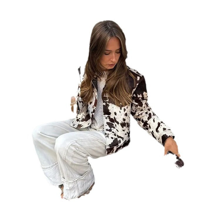 Damen Kurz geschnittene Western‑inspiriere Jacke mit Kuhflecken‑Felloptik und Brusttaschen Shop Nory