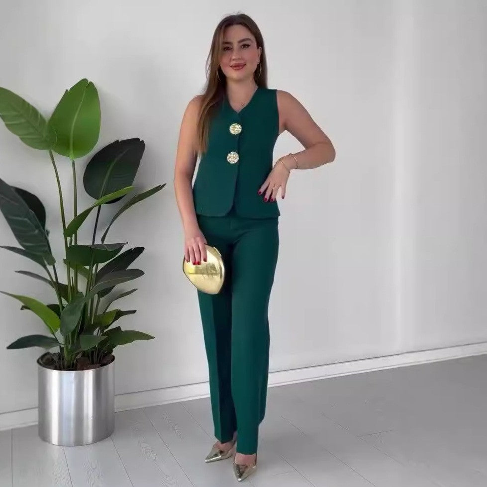 Damen Ärmelloses Tailoring-Set mit taillierter Weste, Zierknöpfen und weiter Palazzo-Hose Shop Nory