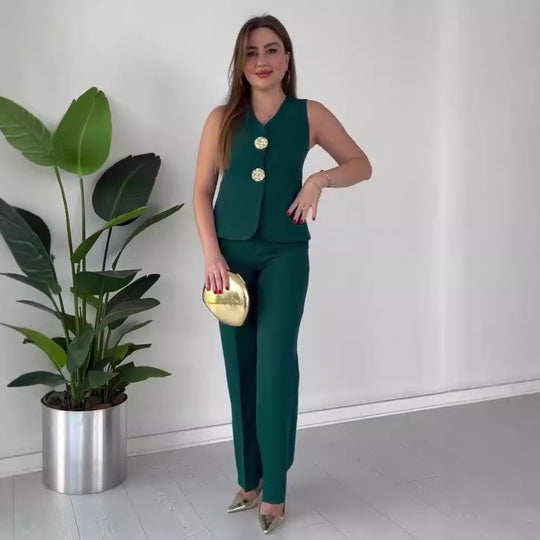 Damen Ärmelloses Tailoring-Set mit taillierter Weste, Zierknöpfen und weiter Palazzo-Hose Shop Nory