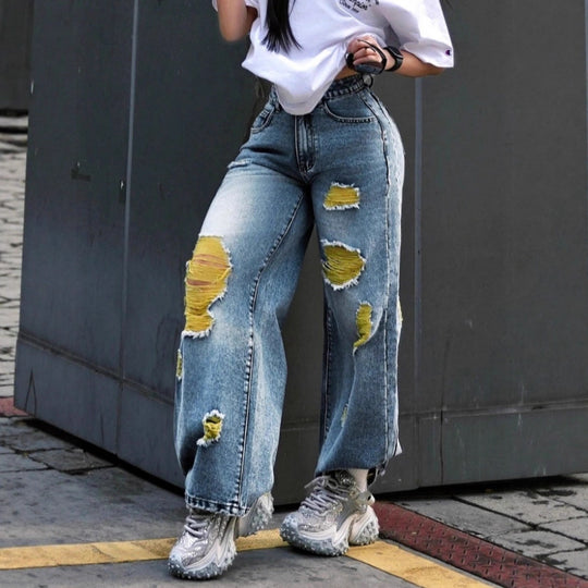 Damen weite High-Waist Jeanshose mit Destroyed-Details und kontrastierendem Unterfutter Shop Nory