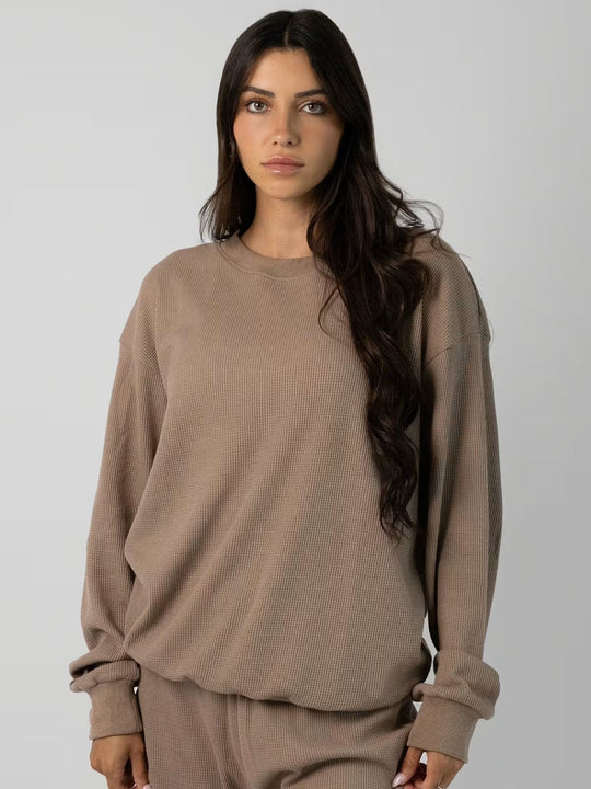 Damen geräumiges Waffelstrick-Loungewear-Set mit Rundhalsausschnitt und Tunnelzughose Shop Nory
