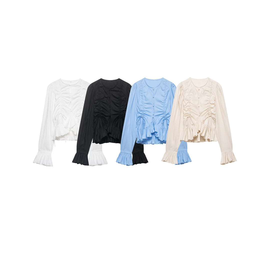 Damen Rüschige Bluse mit Kordelzug, Ballonärmeln und Volant-Saum Shop Nory