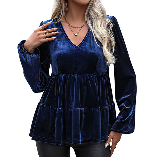 Damen Samt-Tunika mit V-Ausschnitt, Stufenrock und Ballonärmeln Shop Nory