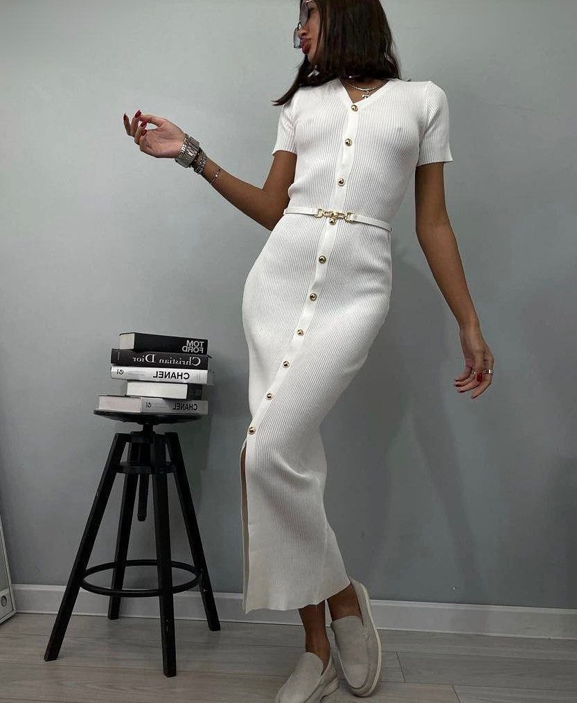 Damen Midi-Kleid mit strukturiertem Rippdesign und Knopfleiste