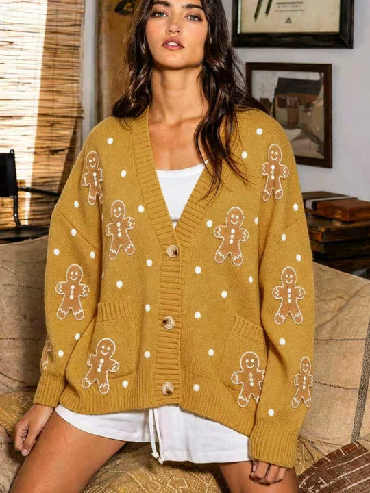 Damen oversized Strickcardigan mit Lebkuchenstickerei und tiefem V-Ausschnitt Shop Nory