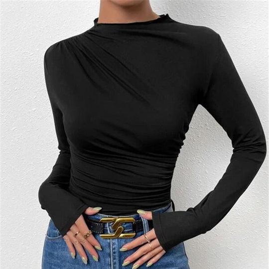 Damen Figurbetontes Langarmshirt mit Seitlicher Raffung und Drapée-Detail Shop Nory