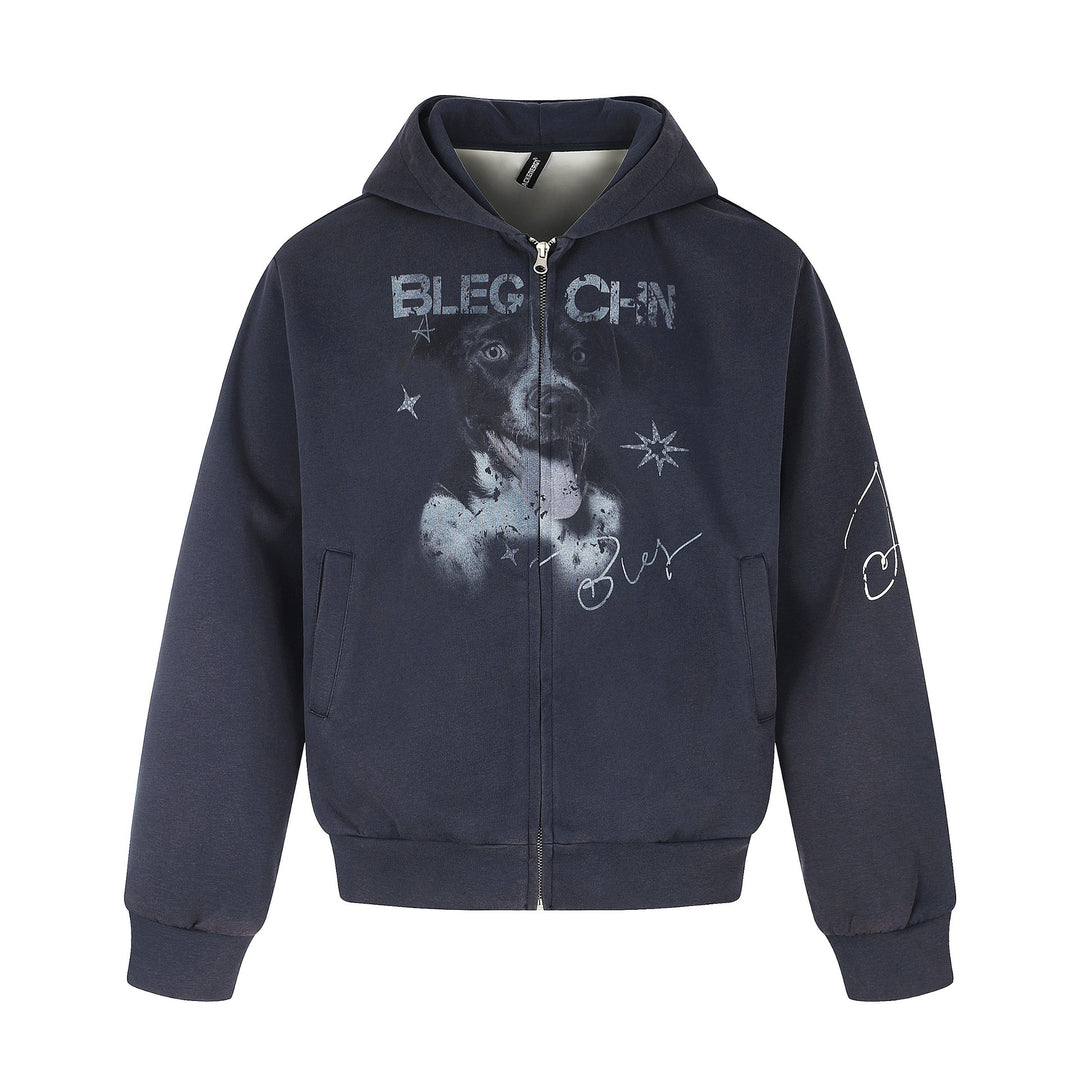 Unisex Kurz geschnittene Kapuzen‑Zipjacke mit grafischem Hundeprint und geripptem Saum Shop Nory