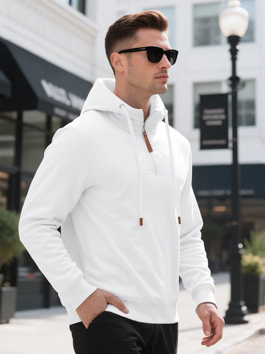 Herren Halbzip-Kapuzenpullover mit Stehkragen, Kordelzug und Lederdetails Shop Nory