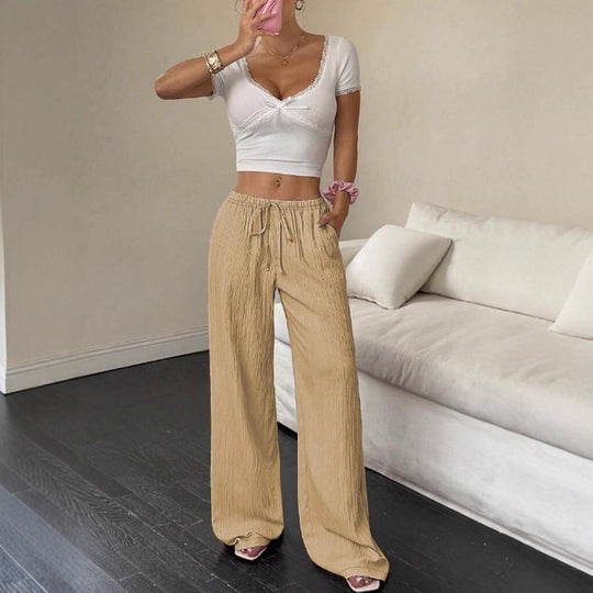 Damen Weite Plissee-Palazzohose mit Elastikbund und Kordelzug Shop Nory